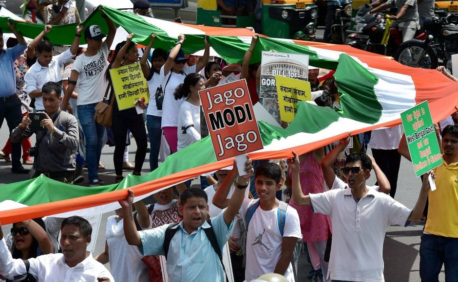 The protesters, on Sunday, marched from Rajghat to Jantar Mantar carrying a 110-metre long national flag depicting 110 years of their struggle for a separate state. PTI The protesters, on Sunday, marched from Rajghat to Jantar Mantar carrying a 110-metre long national flag depicting 110 years of their struggle for a separate state. PTI