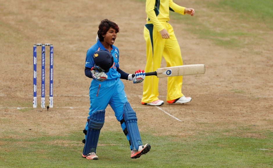Punam Raut celebrates her maiden century in World Cup. Reuters Punam Raut celebrates her maiden century in World Cup. Reuters