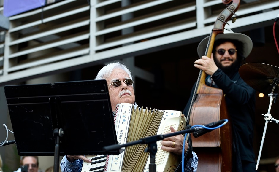Musicians Van Dyke Parks, left, and Don Was perform outside the Capitol Records building. Photo by AP Musicians Van Dyke Parks, left, and Don Was perform outside the Capitol Records building. Photo by AP