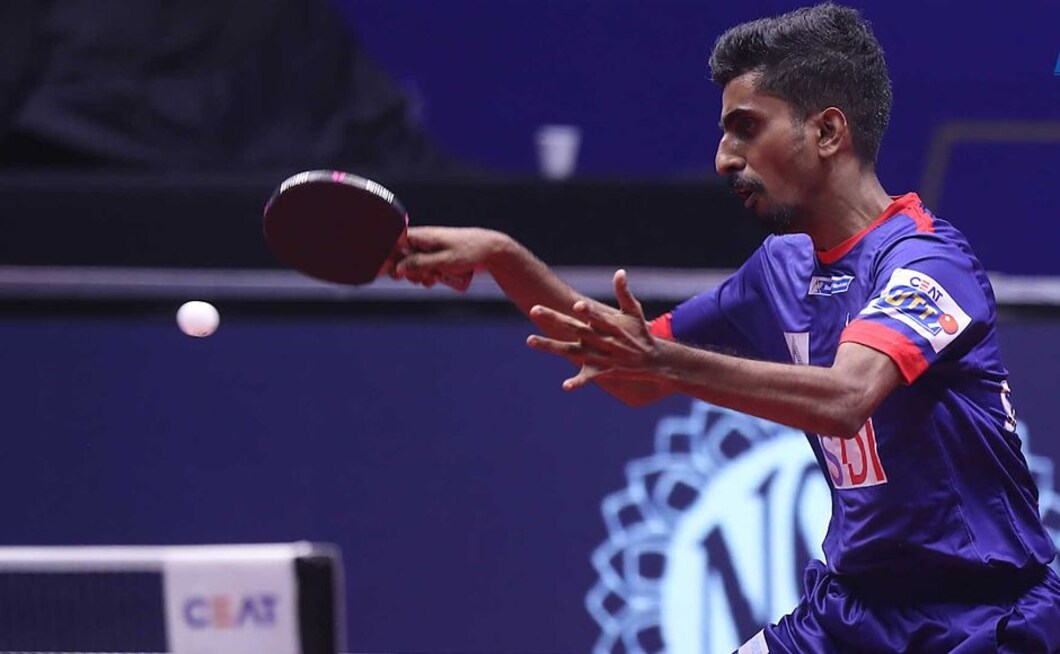 G Sathiyan got Dabang Smashers 2 valuable points against Li Ping. Image courtesy: Facebook/ @UltimateTableTennis G Sathiyan got Dabang Smashers 2 valuable points against Li Ping. Image courtesy: Facebook/ @UltimateTableTennis