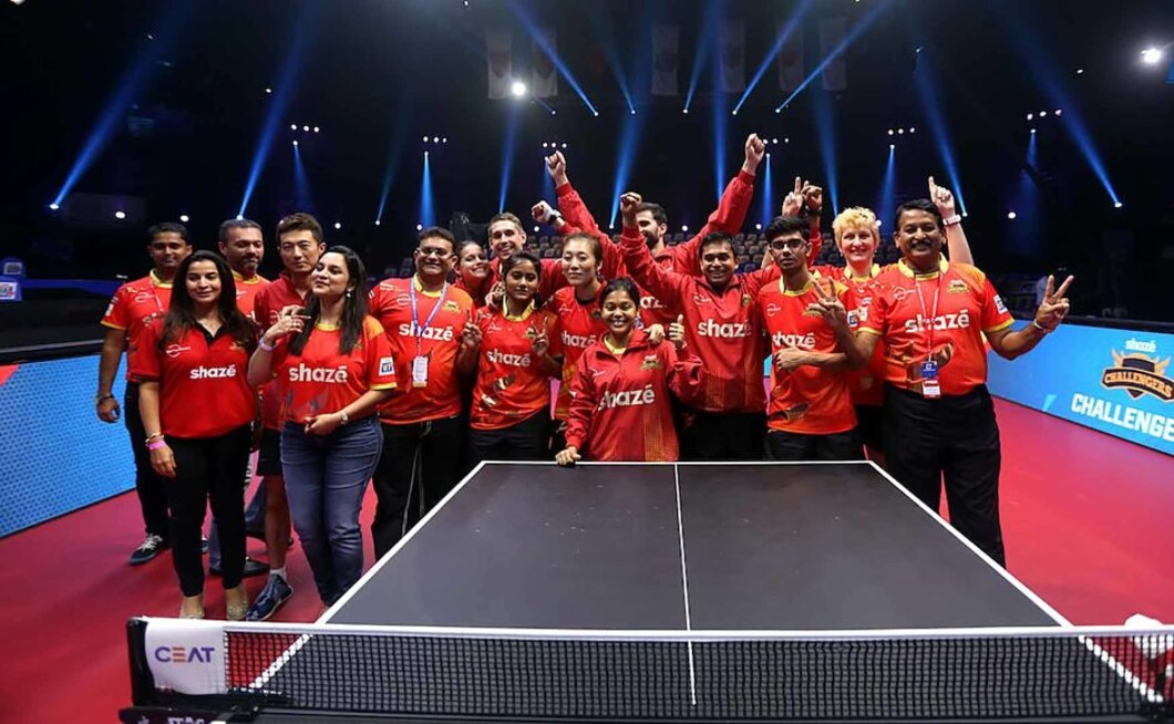 Shaze Challengers pose after winning the semi-final. Image courtesy: Facebook/ @UltimateTableTennis Shaze Challengers pose after winning the semi-final. Image courtesy: Facebook/ @UltimateTableTennis