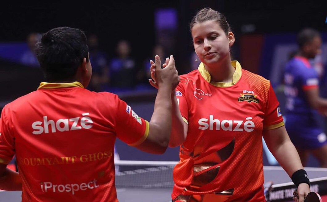 But Soumyajit Ghosh and Petrissa Solja came back to win the match 2-1. Image courtesy: Facebook/ @UltimateTableTennis But Soumyajit Ghosh and Petrissa Solja came back to win the match 2-1. Image courtesy: Facebook/ @UltimateTableTennis