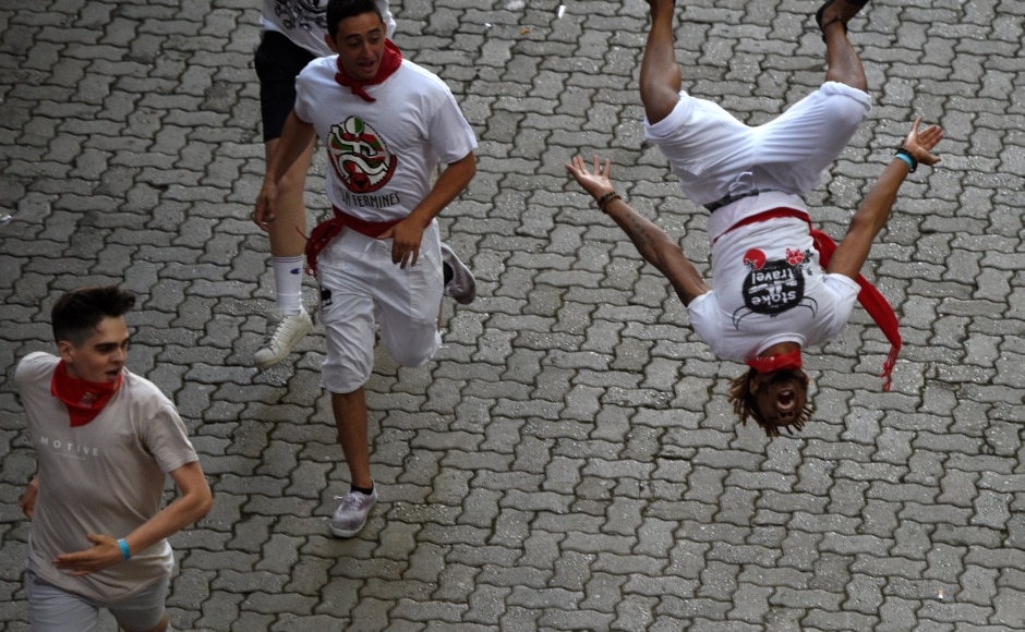 In 2017, around one hundred semi-nude animal rights activists called for an end to bullfights by wearing plastic horns and spreading blood-coloured powder in Pamplona one day ahead the festival. Reuters In 2017, around one hundred semi-nude animal rights activists called for an end to bullfights by wearing plastic horns and spreading blood-coloured powder in Pamplona one day ahead the festival. Reuters