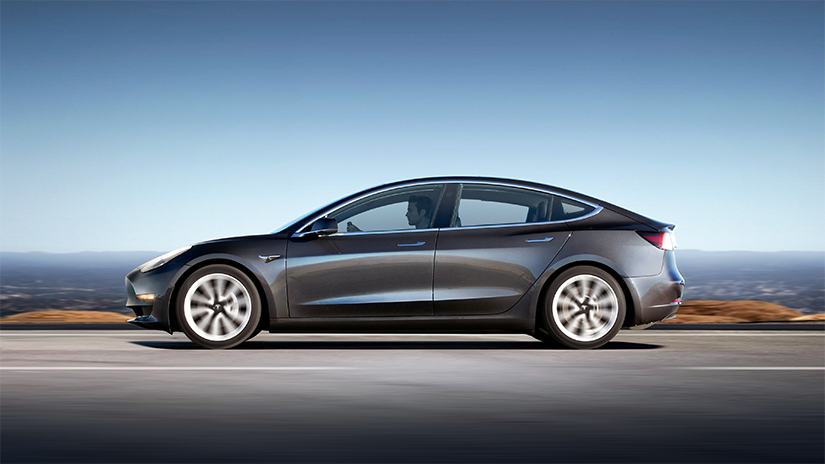 The profile view of the Tesla Model 3