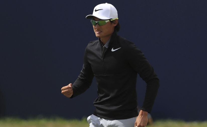 China's Li Haotong celebrates on the 18th during the final round of the British Open. AP