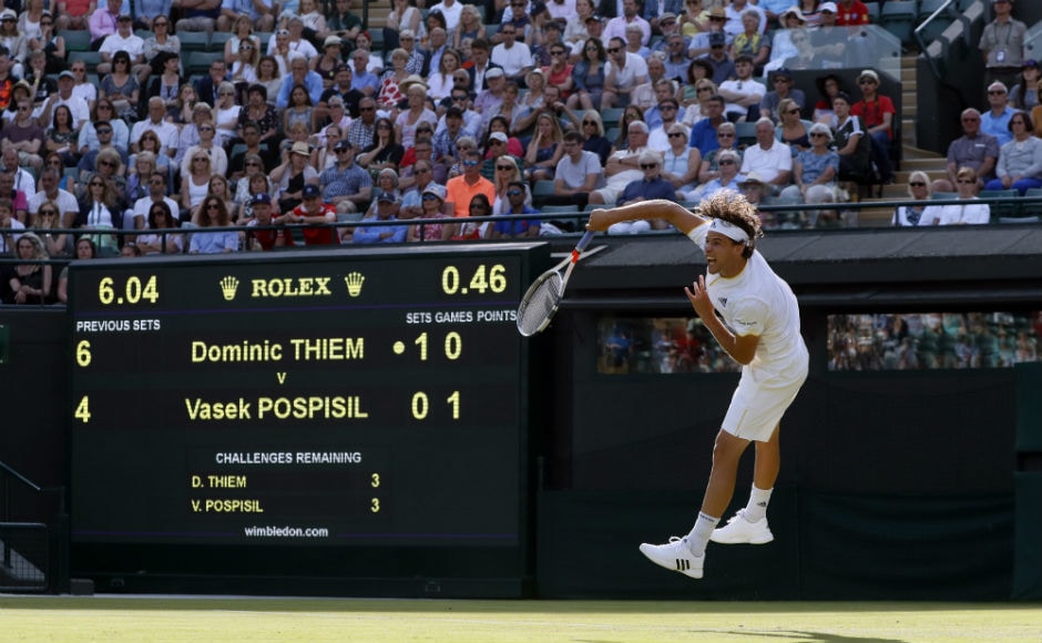 Austria's Dominic Thiem returns to Canada's Vasek Pospisil. Look at that leap! AP Austria's Dominic Thiem returns to Canada's Vasek Pospisil. Look at that leap! AP