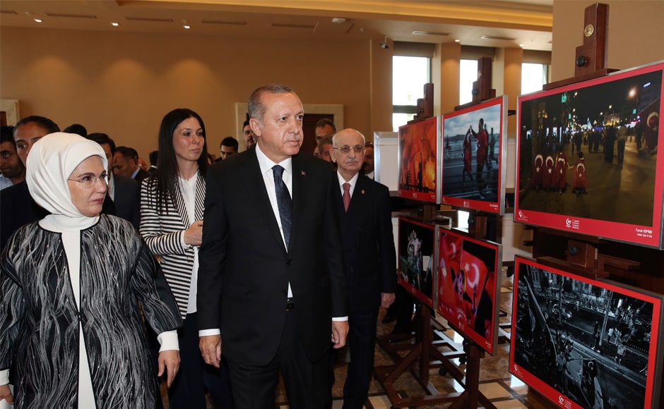 Erdogan, accompanied by his wife Emine, visits a photo exhibition prior to a ceremony to mark the anniversary of the failed coup attempt, in Ankara, on Thursday. Turkey has repeatedly pressed the United States to extradite Gulen, so far without success. AP Erdogan, accompanied by his wife Emine, visits a photo exhibition prior to a ceremony to mark the anniversary of the failed coup attempt, in Ankara, on Thursday. Turkey has repeatedly pressed the United States to extradite Gulen, so far without success. AP