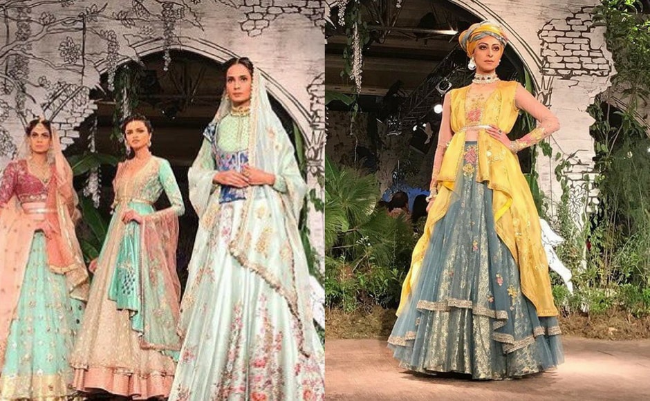 Anju Modi's collection, titled Sunehri Kothi, is a mix of bright pastel traditional Rajasthani bridal wear. Image via FDCI/Twitter Anju Modi's collection, titled Sunehri Kothi, is a mix of bright pastel traditional Rajasthani bridal wear. Image via FDCI/Twitter
