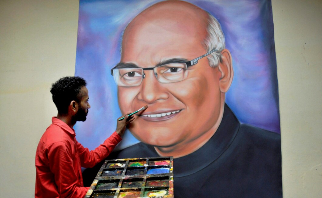 Artist Jagjot Singh Rubal finishes his painting of the newly elected President Ram Nath Kovind, at his home studio in Amritsar on Thursday. Kovind will be sworn in as the 14th President of India on 25 July. PTI Artist Jagjot Singh Rubal finishes his painting of the newly elected President Ram Nath Kovind, at his home studio in Amritsar on Thursday. Kovind will be sworn in as the 14th President of India on 25 July. PTI