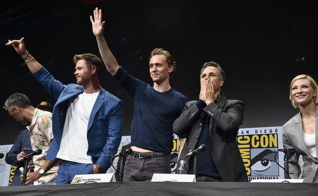 (L-R) Director Taika Waititi, actors Chris Hemsworth, Tom Hiddleston, Mark Ruffalo, Cate Blanchett from Thor: Ragnarok at the San Diego Comic-Con. (Getty Images) (L-R) Director Taika Waititi, actors Chris Hemsworth, Tom Hiddleston, Mark Ruffalo, Cate Blanchett from Thor: Ragnarok at the San Diego Comic-Con. (Getty Images)