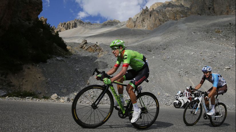 Colombia's Rigoberto Uran, left, and France's Romain Bardet climb Izoard pass during the 18th stage of the Tour de France. AP