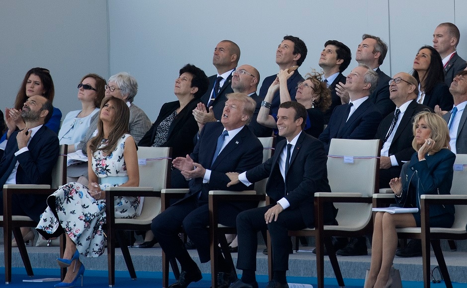 US president Donald Trump joined French president Emmanuel Macron for the Bastille Day celebrations to commemorate the 100th anniversary of the US entry into World War I. The two men sat side by side with their wives to watch the parade. AP US president Donald Trump joined French president Emmanuel Macron for the Bastille Day celebrations to commemorate the 100th anniversary of the US entry into World War I. The two men sat side by side with their wives to watch the parade. AP