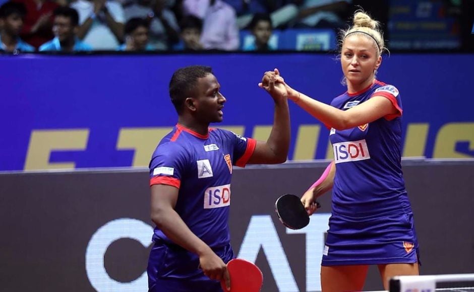 Dabang Smashers TTC continued their winning run without a hiccup. The mixed doubles pair of Anthony Amalraj and Tetyana Bilenko won their match against Harmeet Singh and Liu Jia to further their team's lead to 6-3. Image courtesy: www.ultimatetabletennis.in Dabang Smashers TTC continued their winning run without a hiccup. The mixed doubles pair of Anthony Amalraj and Tetyana Bilenko won their match against Harmeet Singh and Liu Jia to further their team's lead to 6-3. Image courtesy: www.ultimatetabletennis.in
