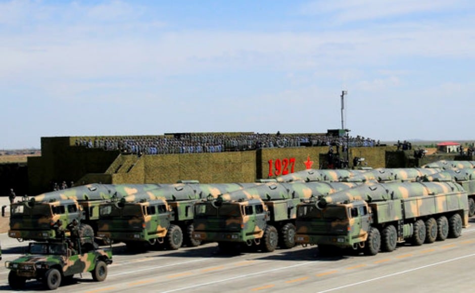 About 12,000 troops took part in the parade in which 129 aircraft and 571 pieces of equipment were on display. Dongfeng missiles which include short, long and medium rage of rockets, a variety of armoury including light tanks, drones were also deployed. AP About 12,000 troops took part in the parade in which 129 aircraft and 571 pieces of equipment were on display. Dongfeng missiles which include short, long and medium rage of rockets, a variety of armoury including light tanks, drones were also deployed. AP