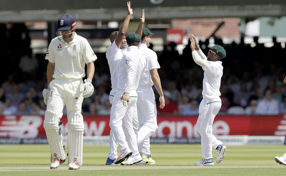 England got off to a wobbly start with both of its openers dismissed cheaply by South Africa's Vernon Philander(second from left) AP England got off to a wobbly start with both of its openers dismissed cheaply by South Africa's Vernon Philander(second from left) AP