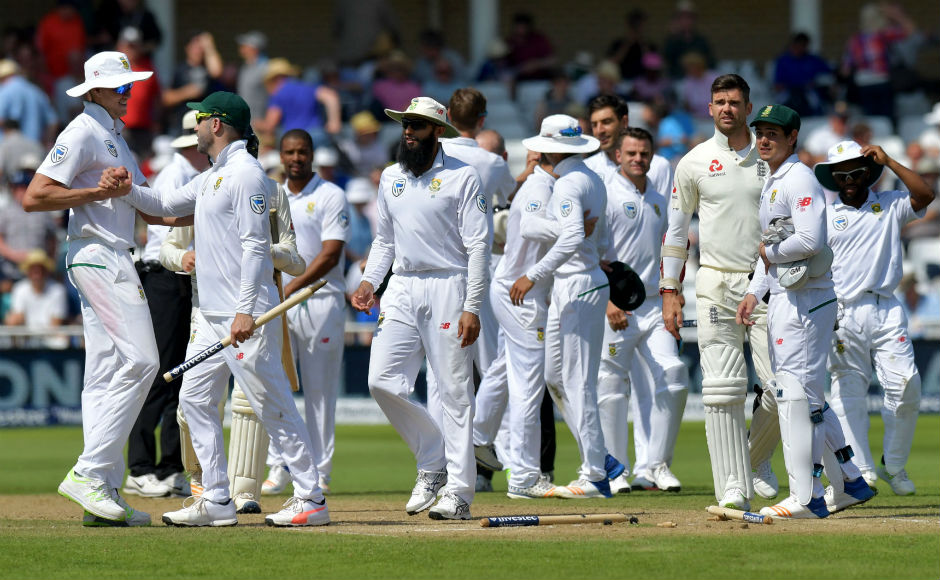 South Africa thrashed England by 340 runs in the second Test of the series at Trent Bridge to square the four-match series at 1-1. In pic: South African players celebrate taking the wicket of England's James Anderson that helped them wrap the game up in the fourth day itself. AFP South Africa thrashed England by 340 runs in the second Test of the series at Trent Bridge to square the four-match series at 1-1. In pic: South African players celebrate taking the wicket of England's James Anderson that helped them wrap the game up in the fourth day itself. AFP