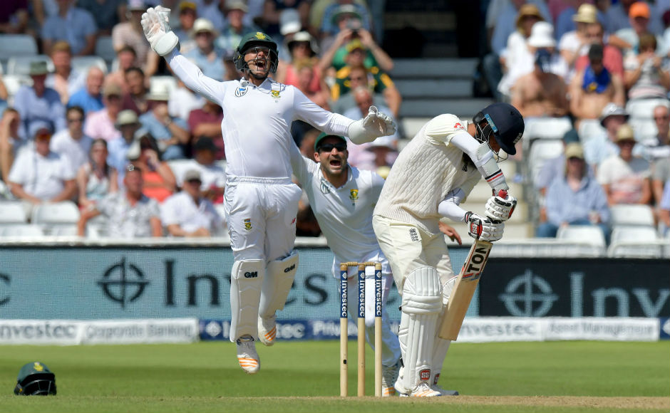 South Africa's Quinton de Kock (L) appeals for the wicket of England's Moeen Ali. Ali, ordinarily a dependable batsman for England in the middle order, did not have a great time at Trent Bridge, and was one of Maharaj's three victims in the 2nd innings. AFP South Africa's Quinton de Kock (L) appeals for the wicket of England's Moeen Ali. Ali, ordinarily a dependable batsman for England in the middle order, did not have a great time at Trent Bridge, and was one of Maharaj's three victims in the 2nd innings. AFP