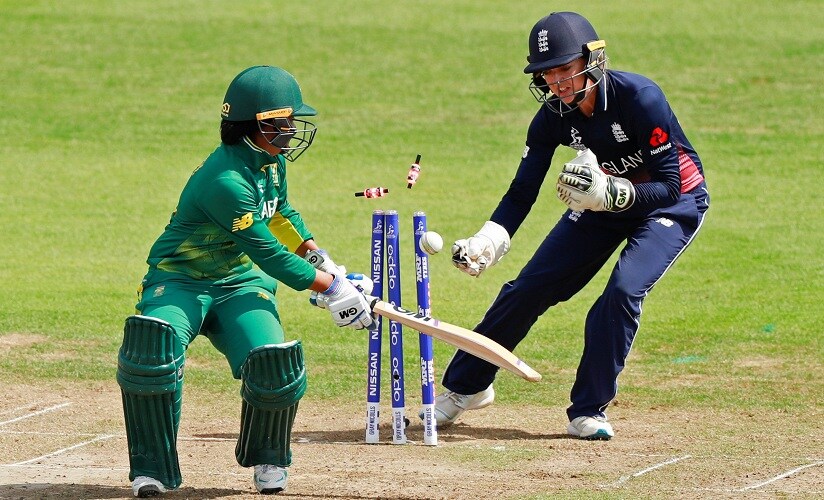 England's Sarah Taylor stumps South Africa's Trisha Chetty. Reuters