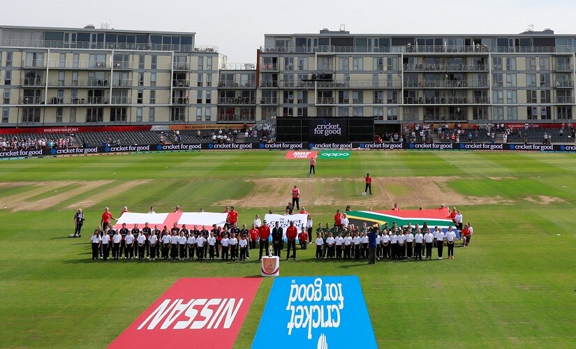 England and South Africa players line up before the match. Reuters