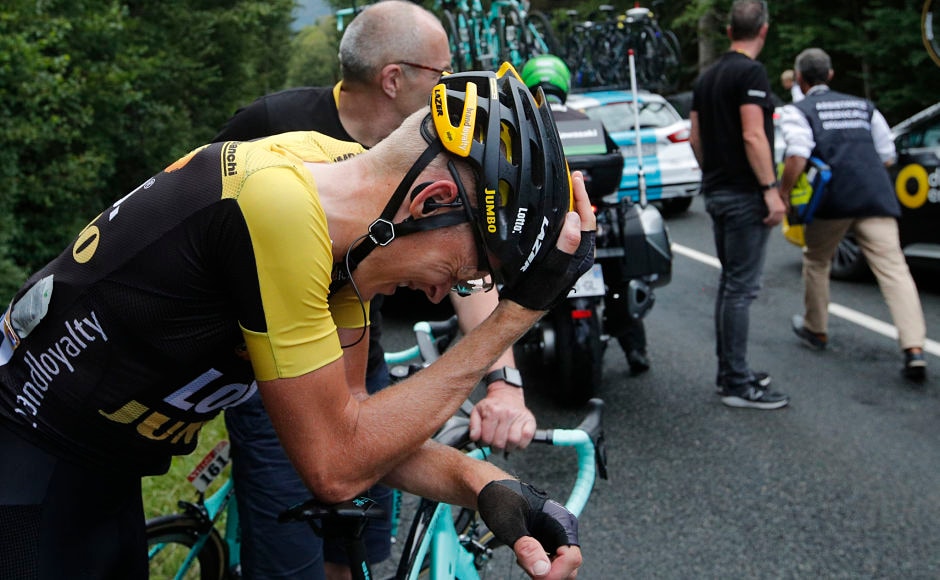 Netherlands' Robert Gesink grimaces after crashing. Gesink's injuries forced him to abandon the race. AP Netherlands' Robert Gesink grimaces after crashing. Gesink's injuries forced him to abandon the race. AP