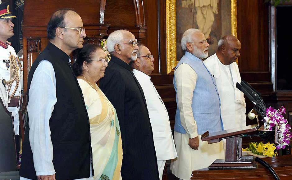 Lok Sabha Speaker Sumitra Mahajan and former prime minister HD Deve Gowda too were on the dais with Finance Minister Arun Jaitley, the president and the prime minister. PTI Lok Sabha Speaker Sumitra Mahajan and former prime minister HD Deve Gowda too were on the dais with Finance Minister Arun Jaitley, the president and the prime minister. PTI
