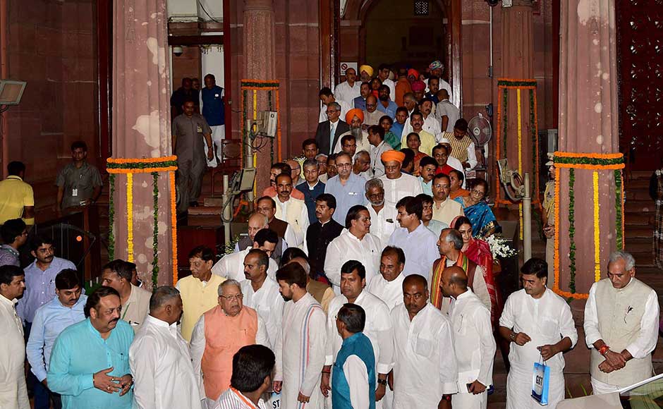 Almost the entire council of ministers and MPs from ruling alliance sat in the circular hall along with opposition leaders from the Samajwadi Party, the BJD, the NCP and the JD-U. The Congress, the Left, the TMC and the RJD boycotted the ceremony. PTI Almost the entire council of ministers and MPs from ruling alliance sat in the circular hall along with opposition leaders from the Samajwadi Party, the BJD, the NCP and the JD-U. The Congress, the Left, the TMC and the RJD boycotted the ceremony. PTI