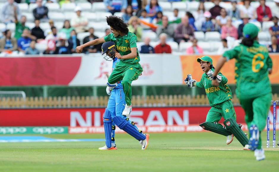 Pakistan's Diana Baig jumps in the air to celebrate the dismissal of the in-form Smriti Mandhana. AP Pakistan's Diana Baig jumps in the air to celebrate the dismissal of the in-form Smriti Mandhana. AP