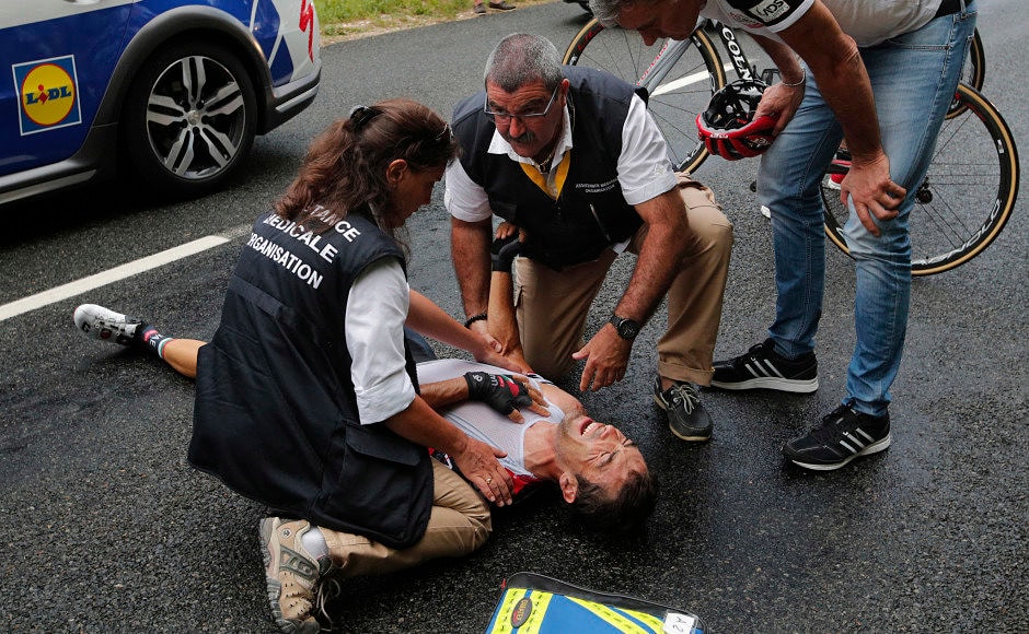 Meanwhile in another mishap, Italy's Manuele Mori is seen to be getting medical assistance after crashing during the ninth stage of the Tour de France Just like Gesink, Mori too was forced to abandon the race. AP Meanwhile in another mishap, Italy's Manuele Mori is seen to be getting medical assistance after crashing during the ninth stage of the Tour de France Just like Gesink, Mori too was forced to abandon the race. AP