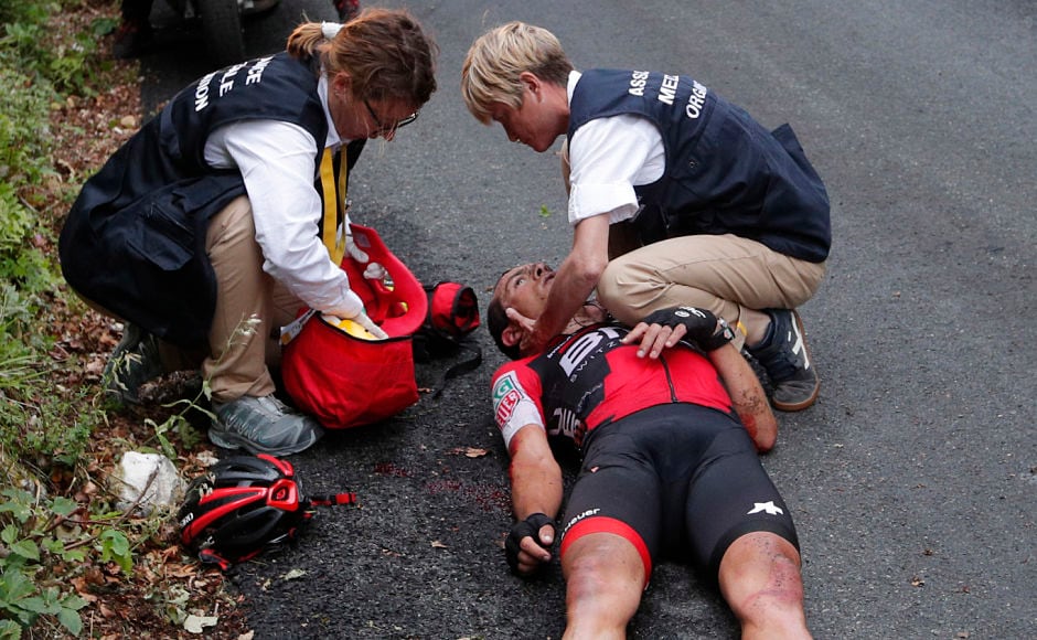 In one of the worst accidents of the day, Australia's Richie Porte crashed in the descent of the Mont du Chat pass during the ninth stage of the Tour de France. AP In one of the worst accidents of the day, Australia's Richie Porte crashed in the descent of the Mont du Chat pass during the ninth stage of the Tour de France. AP