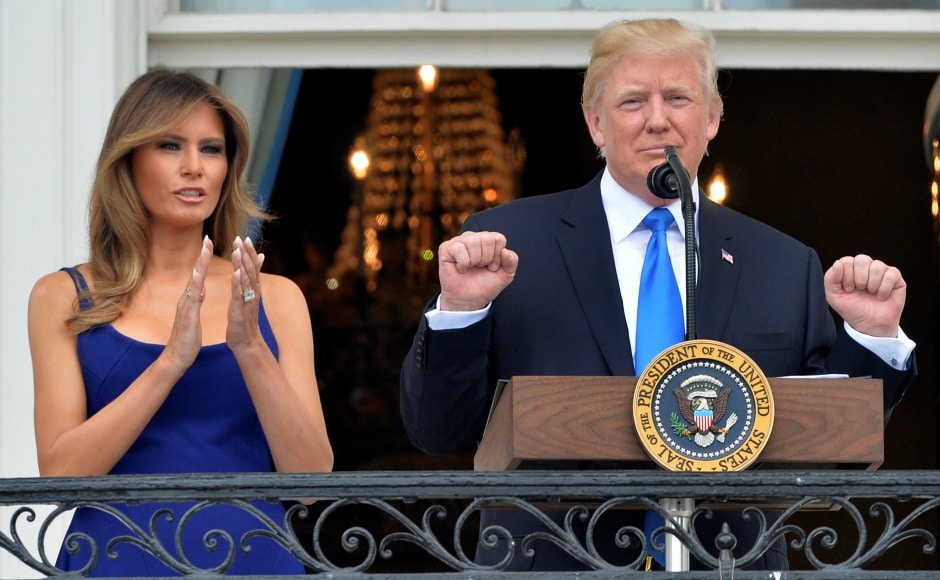 He welcomed the military families gathered for a Fourth of July picnic on the South Lawn of the White House along with First Lady Melania Trump.Reuters He welcomed the military families gathered for a Fourth of July picnic on the South Lawn of the White House along with First Lady Melania Trump.Reuters