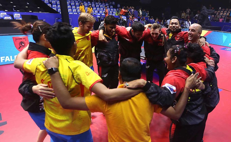 Falcons TTC will meet the winner of the second semi-final, to be played between Shaze Challengers and Dabang Smashers, in the summit clash on Sunday. Image Courtesy: Facebook/Ultimate Table Tennis Falcons TTC will meet the winner of the second semi-final, to be played between Shaze Challengers and Dabang Smashers, in the summit clash on Sunday. Image Courtesy: Facebook/Ultimate Table Tennis