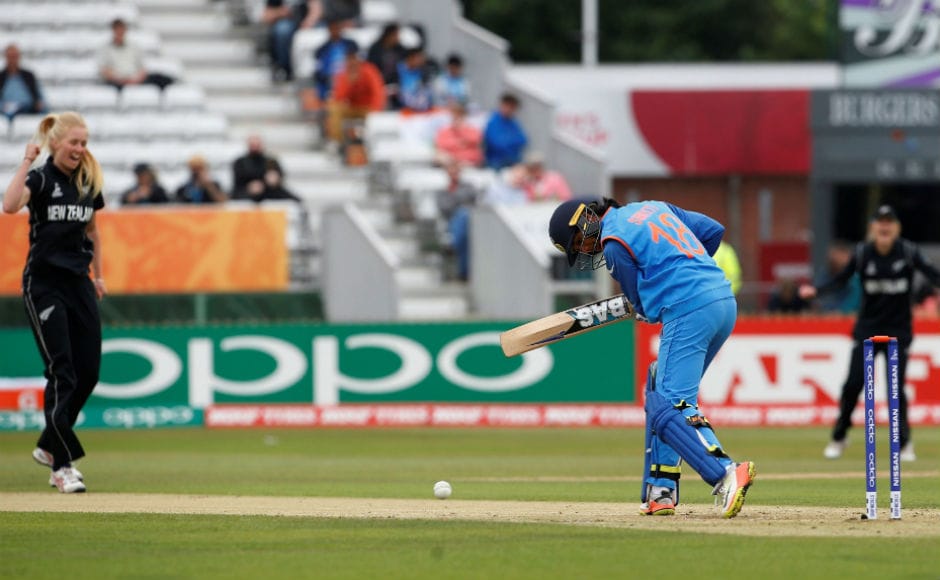India did not start well as they were two-down in the eighth over. Smriti Mandhana downturn in form continued as she was clean bowled by Hannah Rowe. Reuters India did not start well as they were two-down in the eighth over. Smriti Mandhana downturn in form continued as she was clean bowled by Hannah Rowe. Reuters