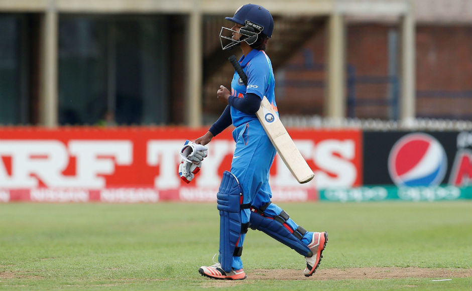 Punam Raut walks back dejected after she was dismissed early, for a paltry four. Reuters Punam Raut walks back dejected after she was dismissed early, for a paltry four. Reuters
