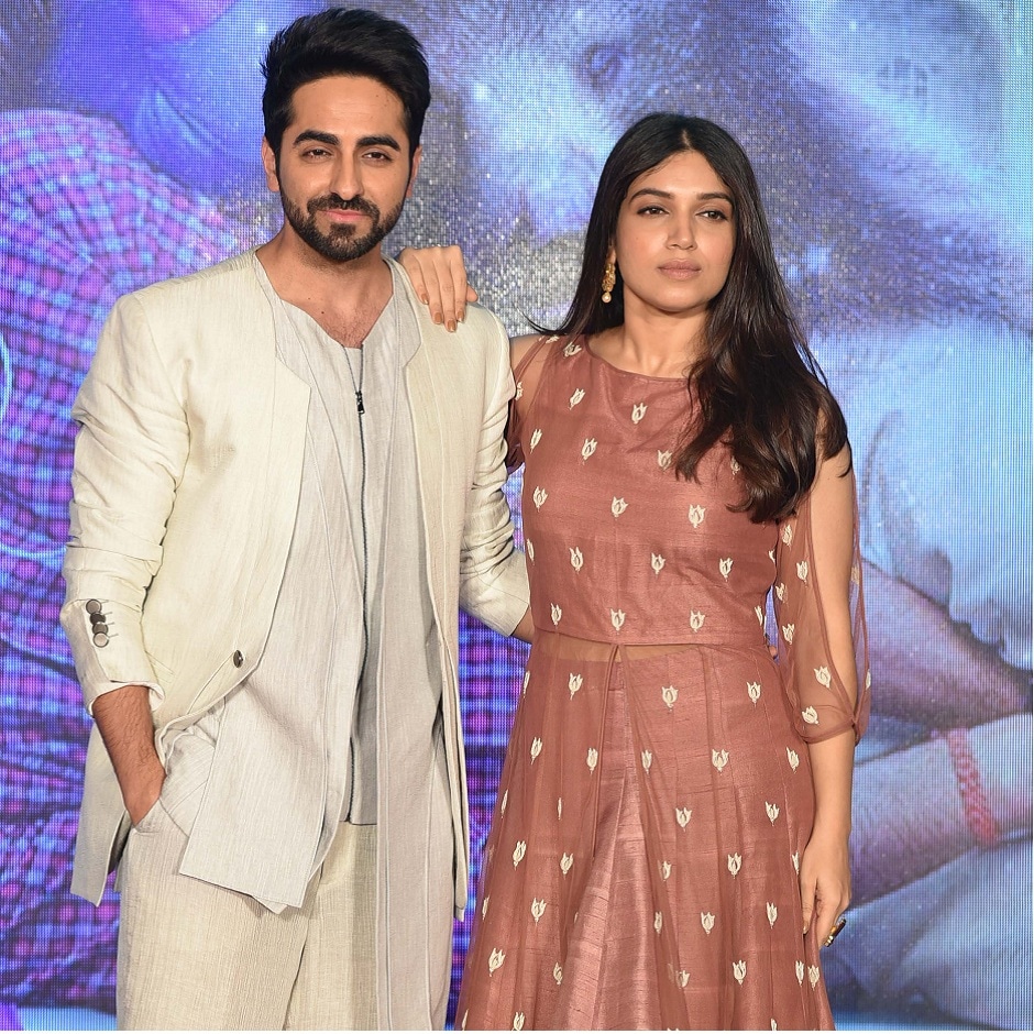 Bhumi Pednekar and Ayushmann Khurrana pose for a photograph during a promotional event for the forthcoming Hindi film 'Shubh Mangal Saavdhan' directed by RS Prasanna in Mumbai on 1 August, 2017, / AFP PHOTO / STR Bhumi Pednekar and Ayushmann Khurrana pose for a photograph during a promotional event for the forthcoming Hindi film 'Shubh Mangal Saavdhan' directed by RS Prasanna in Mumbai on 1 August, 2017, / AFP PHOTO / STR