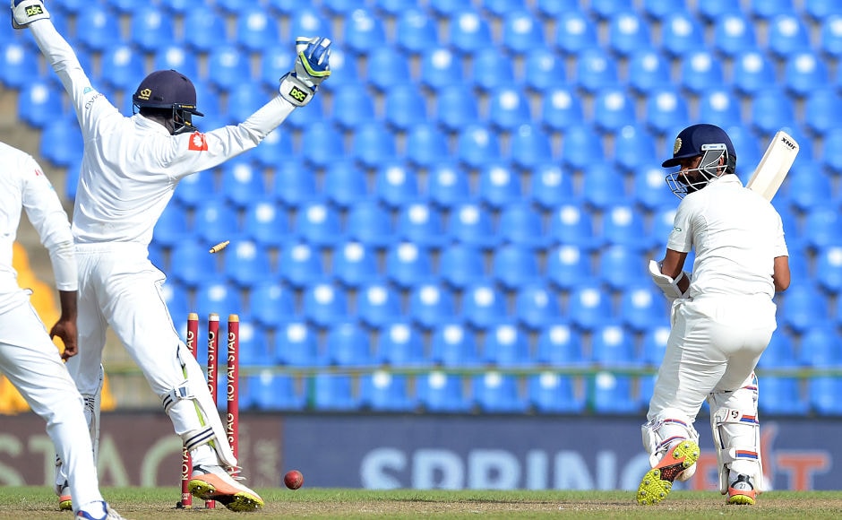 Malinda Pushpakumara got one through Ajinkya Rahane to scalp his 3rd wicket of the innings. Rahane didn't really get going in his innings of 17 off 44 balls. AFP Malinda Pushpakumara got one through Ajinkya Rahane to scalp his 3rd wicket of the innings. Rahane didn't really get going in his innings of 17 off 44 balls. AFP