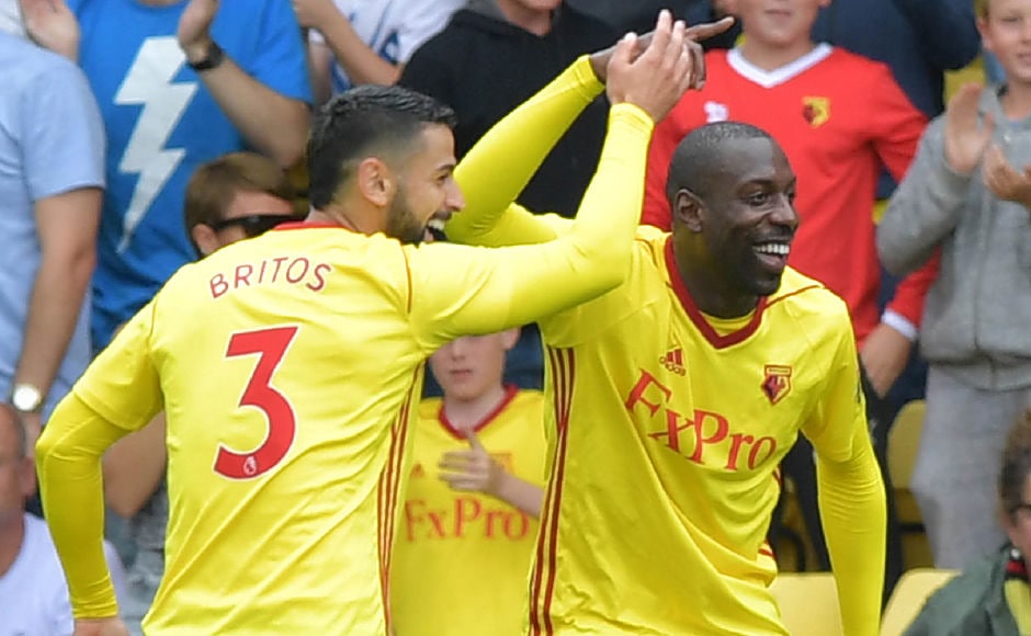 Watford's Italian striker Stefano Okaka celebrates scoring the opening goal during their English Premier League football match against Liverpool at Vicarage Road Stadium in Watford, AFP Watford's Italian striker Stefano Okaka celebrates scoring the opening goal during their English Premier League football match against Liverpool at Vicarage Road Stadium in Watford, AFP