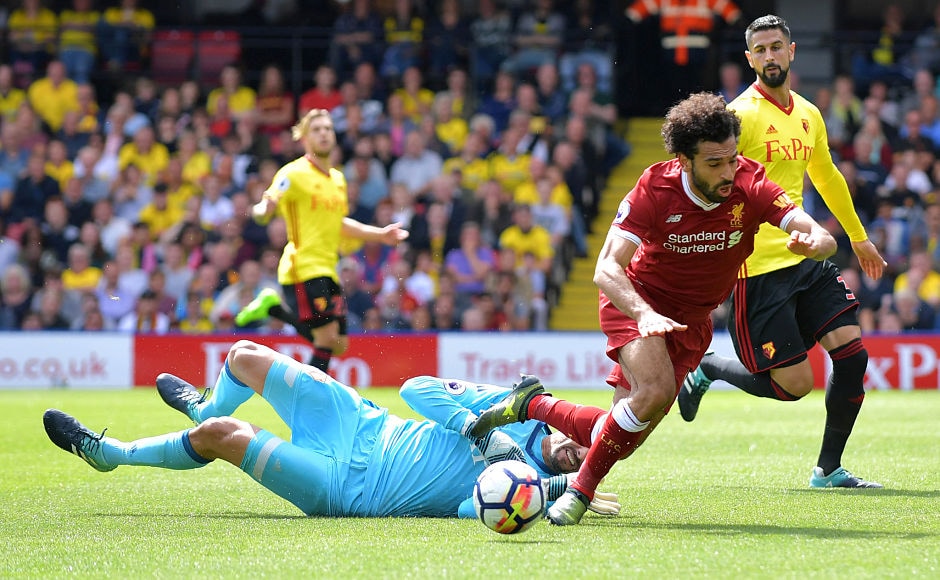 In the second half, Watford's Brazilian goalkeeper Heurelho Gomes fouled Liverpool's Egyptian midfielder Mohamed Salah to concede a penalty. AFP In the second half, Watford's Brazilian goalkeeper Heurelho Gomes fouled Liverpool's Egyptian midfielder Mohamed Salah to concede a penalty. AFP
