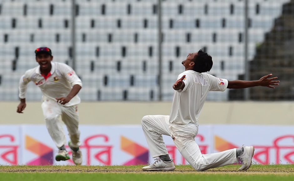 Taijul Islam celebrates after taking the last wicket of Josh Hazlewood to record a stunning 20-run victory over the mighty Aussies. AFP Taijul Islam celebrates after taking the last wicket of Josh Hazlewood to record a stunning 20-run victory over the mighty Aussies. AFP