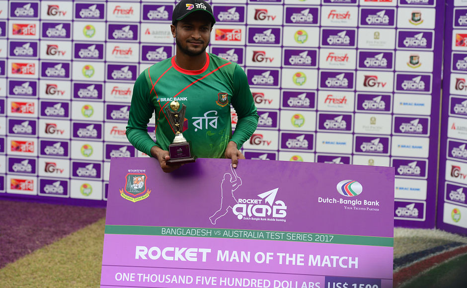 The world no.1 all rounder, Shakib Al Hasan, lived up to his billing as he scored 84-runs in the first innings and bagged a 10-wicket haul in the Test to be crowned as Man of the Match. AFP The world no.1 all rounder, Shakib Al Hasan, lived up to his billing as he scored 84-runs in the first innings and bagged a 10-wicket haul in the Test to be crowned as Man of the Match. AFP