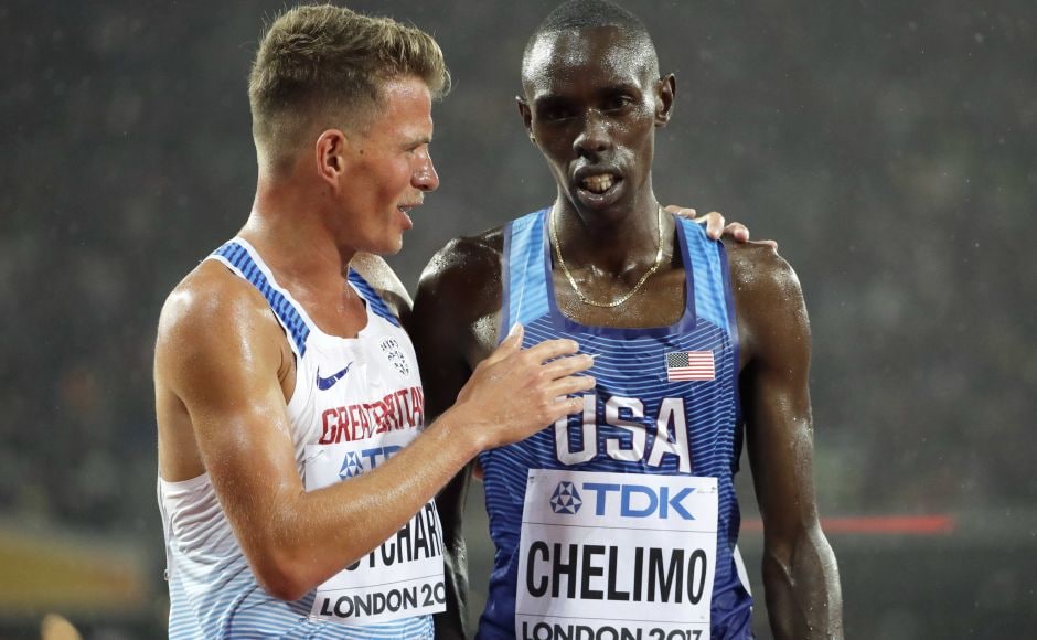 Olympic silver medalist Paul Chelimo took a tumble with four laps to go but recovered and qualified for Saturday's final in the 5,000 metres at the world championships. AP Olympic silver medalist Paul Chelimo took a tumble with four laps to go but recovered and qualified for Saturday's final in the 5,000 metres at the world championships. AP