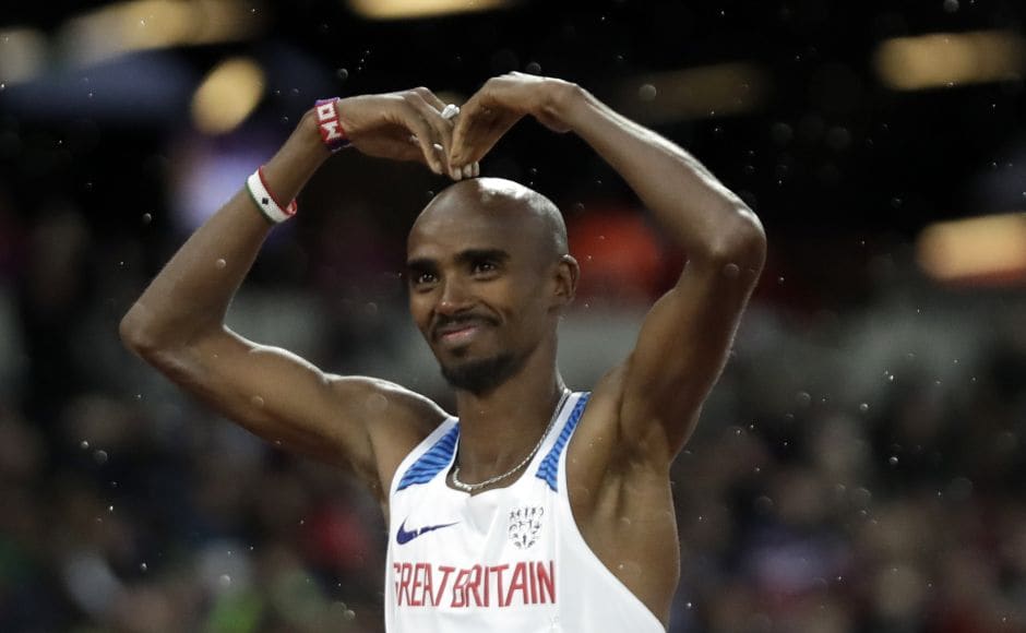 In relentless rain, Mo Farah ran a controlled race and coasted home in second place to automatically qualify for the 5000m final behind Yomif Kejelcha of Ethiopia. The Briton is seen here making his famous Mobot gesure. AP In relentless rain, Mo Farah ran a controlled race and coasted home in second place to automatically qualify for the 5000m final behind Yomif Kejelcha of Ethiopia. The Briton is seen here making his famous Mobot gesure. AP