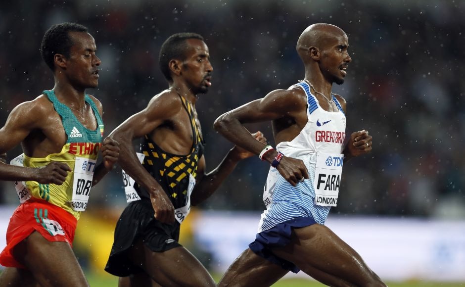 Britain's Mo Farah was back at the Olympic Stadium and got the sellout crowd roaring for his heat in the 5,000 metres. AP Britain's Mo Farah was back at the Olympic Stadium and got the sellout crowd roaring for his heat in the 5,000 metres. AP