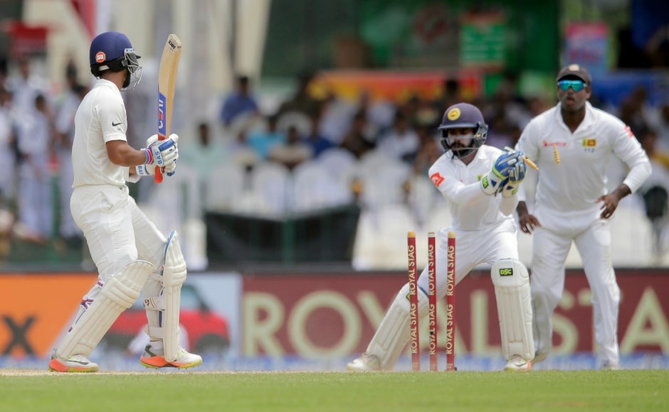 Rahane was beaten in the air by Malinda Pushpakumara as he charged down the ground. Wicket-keeper Niroshan Dickwella dislodged the bails to complete the stumping. Rahane was dismissed for 132. AP Rahane was beaten in the air by Malinda Pushpakumara as he charged down the ground. Wicket-keeper Niroshan Dickwella dislodged the bails to complete the stumping. Rahane was dismissed for 132. AP