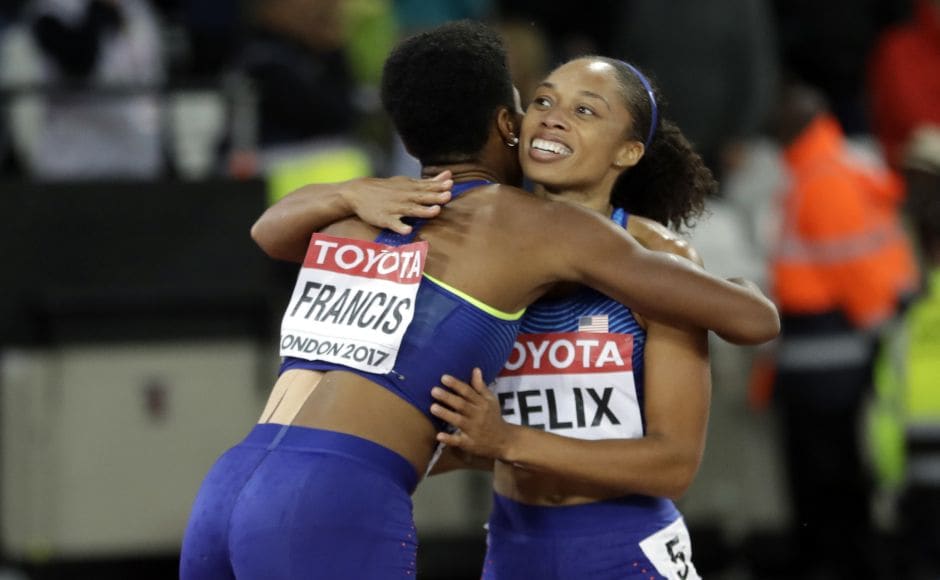 Women's 400m bronze medal winner Allyson Felix (R) embraces gold medal winner Phyllis Francis (L) after the final. Despite her disappointing third-place finish, Felix's bronze gave her a 14th career medal at the world championships. AP Women's 400m bronze medal winner Allyson Felix (R) embraces gold medal winner Phyllis Francis (L) after the final. Despite her disappointing third-place finish, Felix's bronze gave her a 14th career medal at the world championships. AP