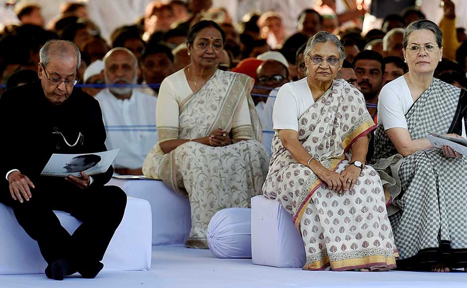 Former president Pranab Mukhrjee and Congress president Sonia Gandhi, with party leaders, including Sheila Dikshit and Meira Kumar, on Rajiv Gandhi's birth anniversary on Sunday at Veer Bhumi. PTI Former president Pranab Mukhrjee and Congress president Sonia Gandhi, with party leaders, including Sheila Dikshit and Meira Kumar, on Rajiv Gandhi's birth anniversary on Sunday at Veer Bhumi. PTI