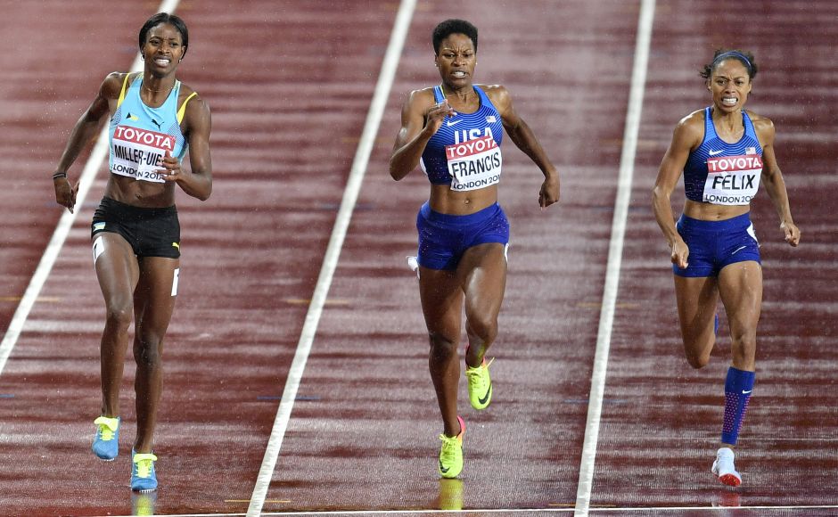 American Phyllis Francis (centre) leads the field to win the women's 400 metres final. Francis upset favourites, Olympic champion Shaunae Miller-Uibo (L) of Bahamas and compatriot Allyson Felix (R) to win the title at IAAFWorld Championships in London. AP American Phyllis Francis (centre) leads the field to win the women's 400 metres final. Francis upset favourites, Olympic champion Shaunae Miller-Uibo (L) of Bahamas and compatriot Allyson Felix (R) to win the title at IAAFWorld Championships in London. AP