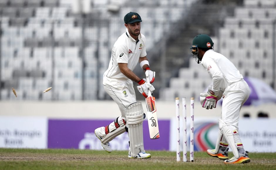 Glenn Maxwell posed a threat until he was stumped by Mushfiqur Rahim off Shakib Al Hasan's bowling. AP Glenn Maxwell posed a threat until he was stumped by Mushfiqur Rahim off Shakib Al Hasan's bowling. AP