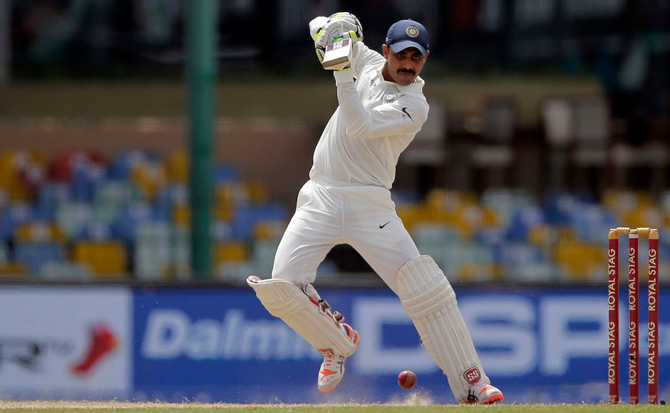 Ravindra Jadeja drives through the covers during his enterprising innings of 70. He remained unbeaten on 70 as India declared their innings with the 622 runs for the loss of 9 wickets. AP Ravindra Jadeja drives through the covers during his enterprising innings of 70. He remained unbeaten on 70 as India declared their innings with the 622 runs for the loss of 9 wickets. AP