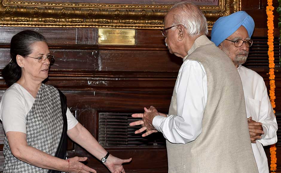 Former prime minister Manmohan Singh looks on while Sonia Gandhi interacts with senior BJP leader LK Advani, who paid his tributes to Rajiv Gandhi on his birth anniversary at Parliament House in New Delhi on Sunday. PTI Former prime minister Manmohan Singh looks on while Sonia Gandhi interacts with senior BJP leader LK Advani, who paid his tributes to Rajiv Gandhi on his birth anniversary at Parliament House in New Delhi on Sunday. PTI