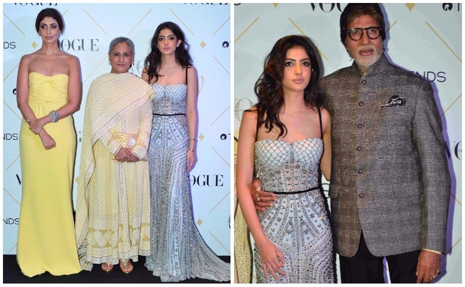 The stars of Vogue's August cover — Shweta Bachchan Nanda, Jaya Bachchan and Navya Naveli Nanda were seen posing for shutterbugs on the red carpet. The three generations of Bachchan-Nanda women were also named winners in the 'Ageless Beauty' category. They were joined on the red carpet by Amitabh Bachchan. The stars of Vogue's August cover — Shweta Bachchan Nanda, Jaya Bachchan and Navya Naveli Nanda were seen posing for shutterbugs on the red carpet. The three generations of Bachchan-Nanda women were also named winners in the 'Ageless Beauty' category. They were joined on the red carpet by Amitabh Bachchan.